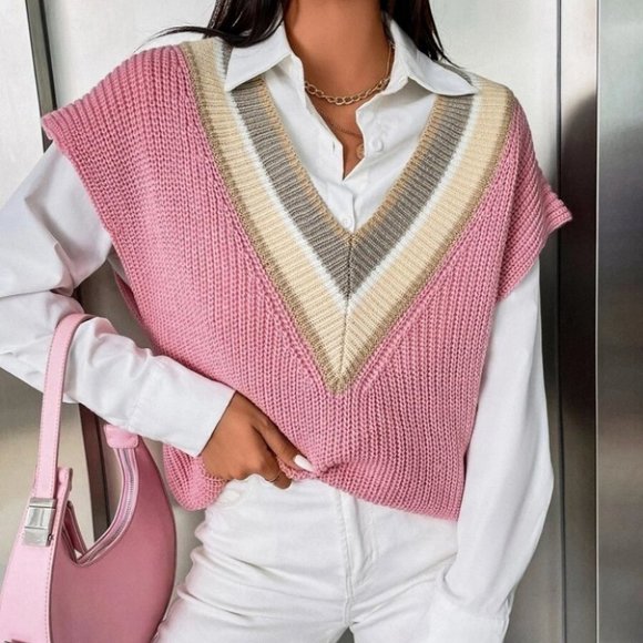 . Sweaters - Colorblock Striped Trim V-neck Sweater Vest Pink